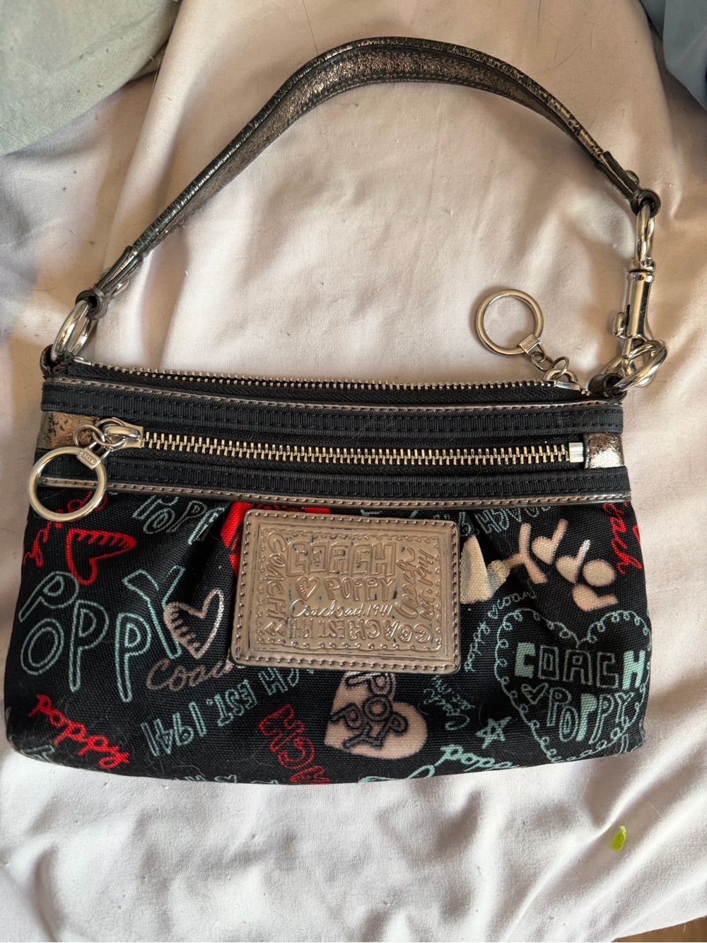 Coach Black Graphic Poppy Wristlet with Red, Teal and Cream Accents